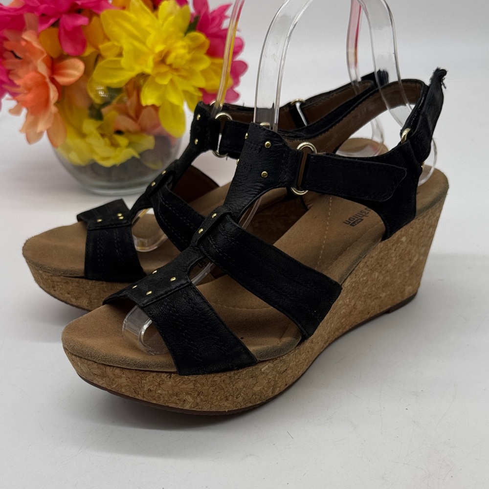 Clarks Annadel Orchid Black Nubuck Cork Wedge Sandals with Gold Studs